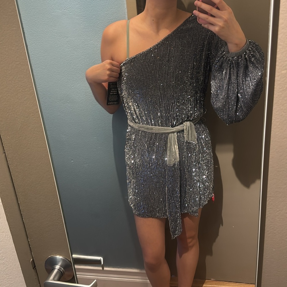 NWT Retrofete Bridgette one-shoulder velvet-trimmed sequined chiffon mini dress